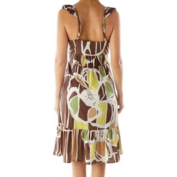 BCBG MaxAzria Brown Green Beige Ruffled Sleeveless Print Dress - Picture 2 of 3